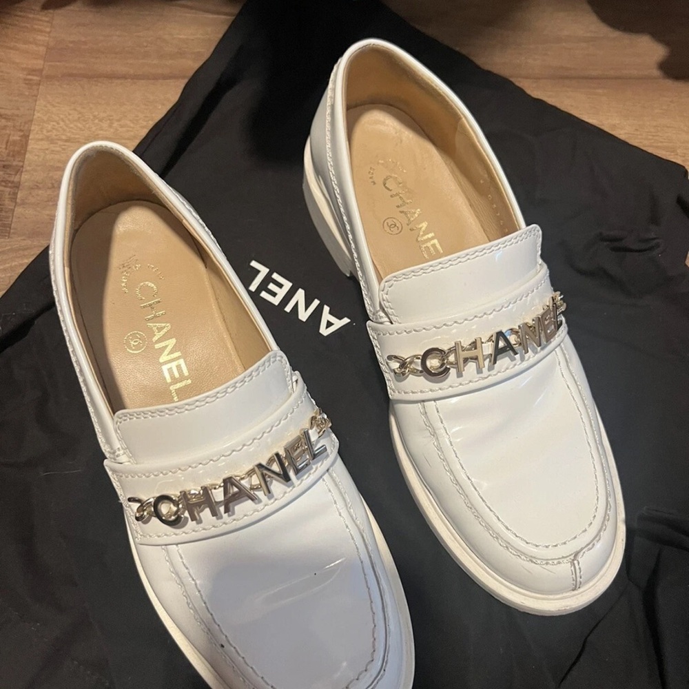 CHANEL White and silver Leather loafers